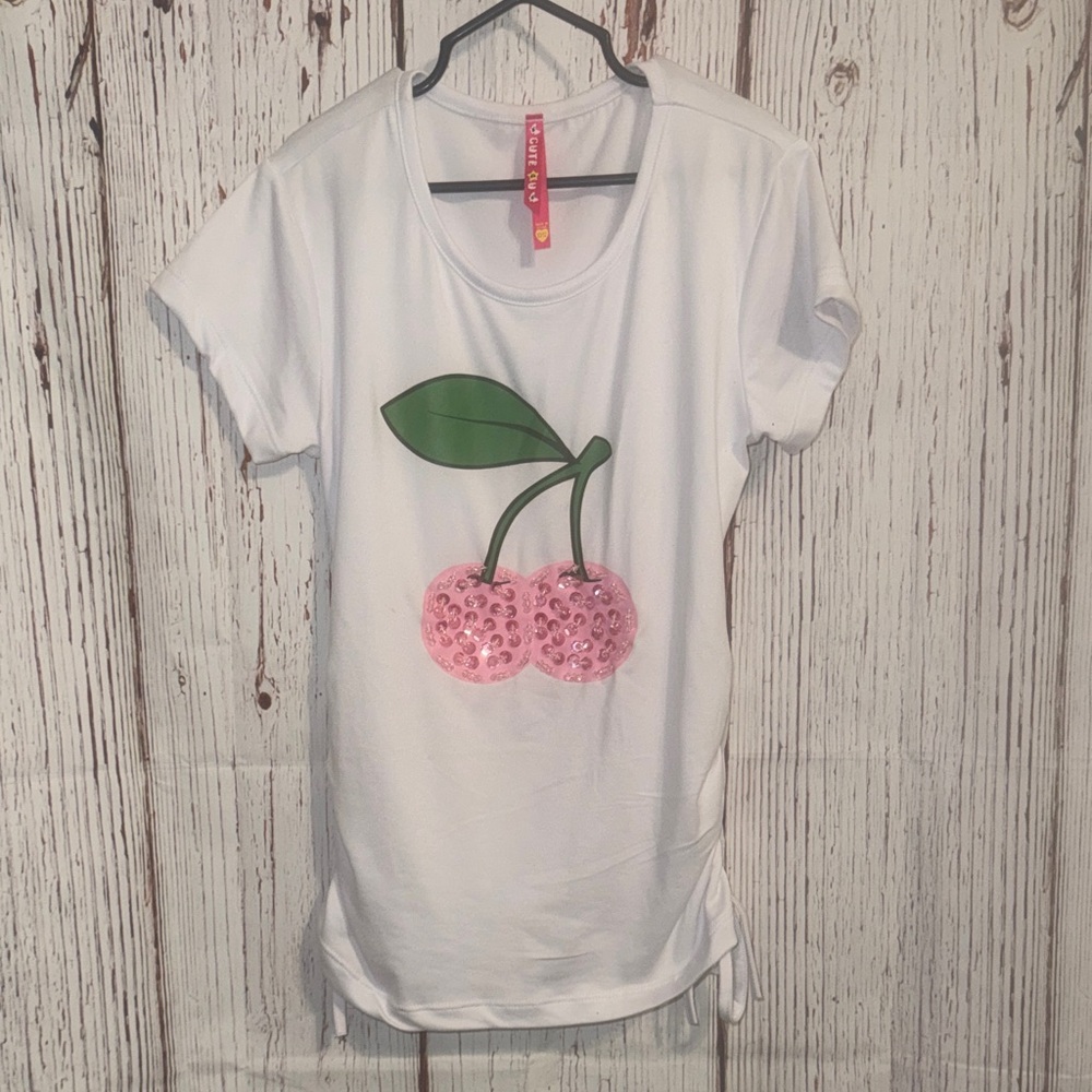 Maje White Tee Dress with Pink Sequin Cherry and Green Leaves ‼️5for$25‼️